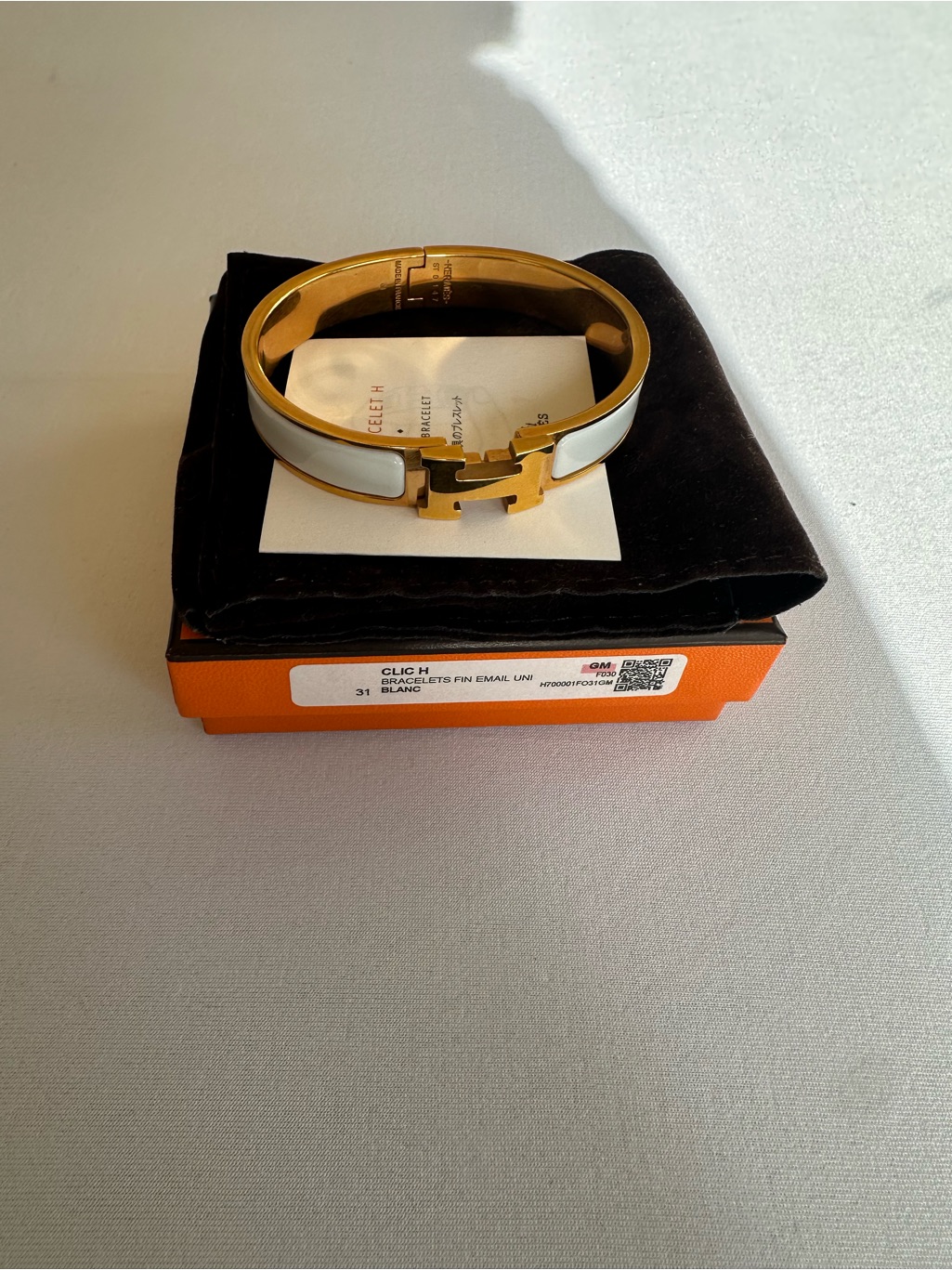 Herms Clic H Enamel Bracelet In White And Gold Like New W/Box & Dust Bag